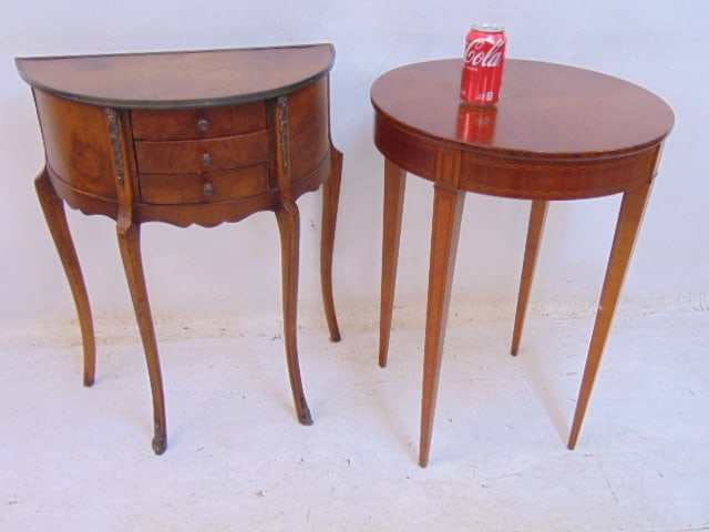2 small stands, 3 drawer stand with brass trim, made in Egypt & small round inlaid side table, stand: 2 small stands, 3 drawer stand with brass trim, made in Egypt & small round inlaid side table, stand is 22.5" wide, 11" deep, height is 28", round side table is 27.25" tall, diameter is 20"