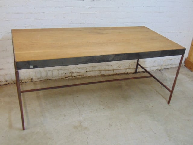 Steel base oak top table, stretcher base, table is 69" by 33", height is 29.25".: Steel base oak top table, stretcher base, table is 69" by 33", height is 29.25".