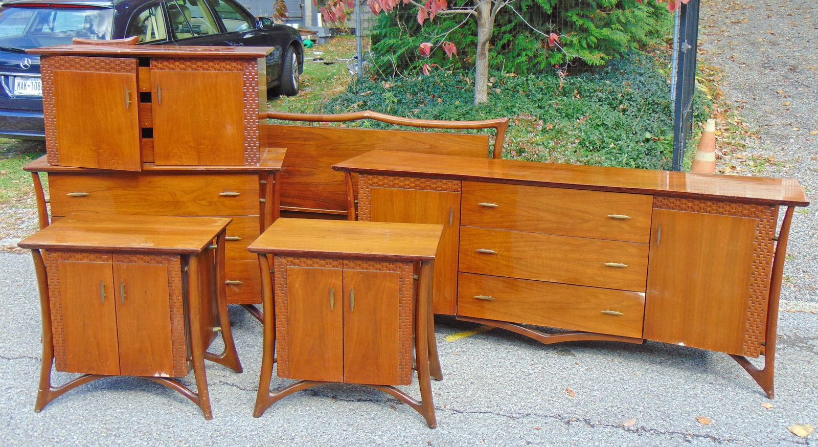 Mid Century bedroom Piet Hein, ca 1960, in mahogany, tall chest, long chest, pair nightstands, no: Mid Century Exoskeleton bedroom set designed Piet Hein for Daniel Jones NYC ca 1960, in mahogany, tall chest, long chest, pair nightstands, no bed, finish on nightstands is worn in places, long chest