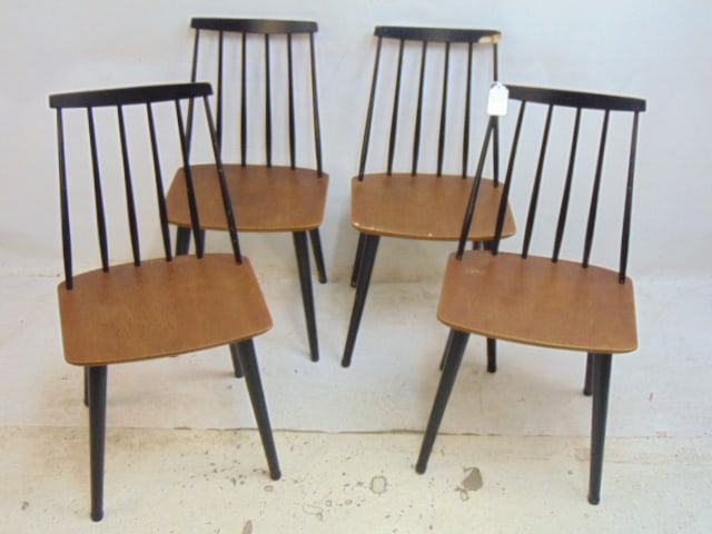 Set 4 Danish Century side chairs by Farstrup, black painted legs & back, one is as is.: Set 4 Danish Century side chairs by Farstrup, black painted legs & back, one is as is.