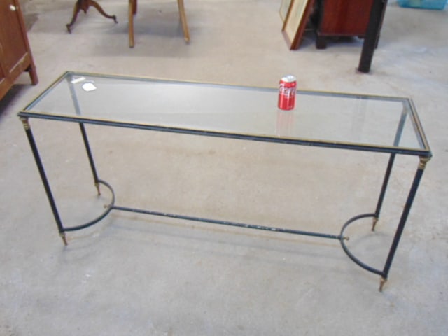 Glass top iron base console table, 59" by 15.75", height is 29.25": Glass top iron base console table, 59" by 15.75", height is 29.25"