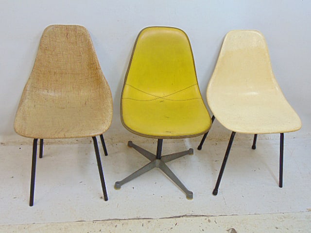 3 Herman Miller chairs, 2 fiberglass shell, one vinyl covered swivel.: 3 Herman Miller chairs, 2 fiberglass shell, one vinyl covered swivel.