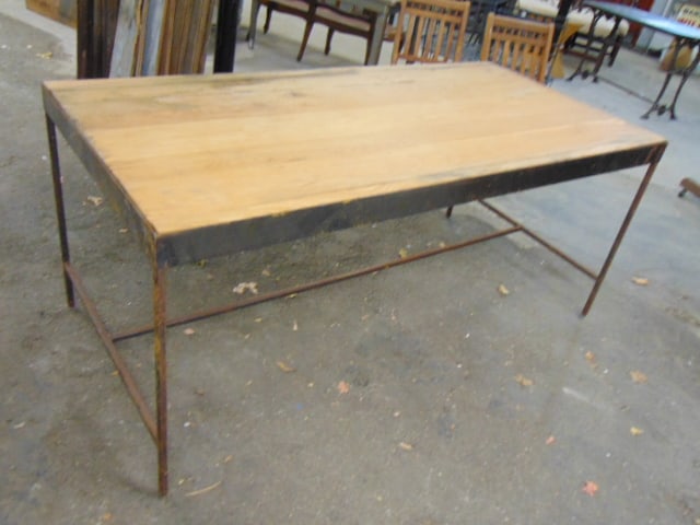 Steel base oak top table, stretcher base, table is 69" by 33", height is 29.25".: Steel base oak top table, stretcher base, table is 69" by 33", height is 29.25".
