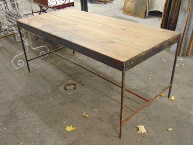Steel base oak top table, stretcher base, table is 69" by 33", height is 29.25".: Steel base oak top table, stretcher base, table is 69" by 33", height is 29.25".