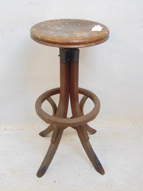 Adjustable oak stool with round seat, 30" tall as shown: Adjustable oak stool with round seat, 30" tall as shown