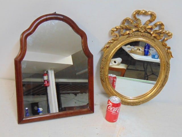 2 mirrors, rosewood adjustable vanity mirror & decorative gilt oval mirror with ribbon decoration,: 2 mirrors, rosewood adjustable vanity mirror & decorative gilt oval mirror with ribbon decoration, vanity mirror is 19.5" by 14 5/8", oval mirror is 20.5" by 14.5", vanity mirror appears to have a doc