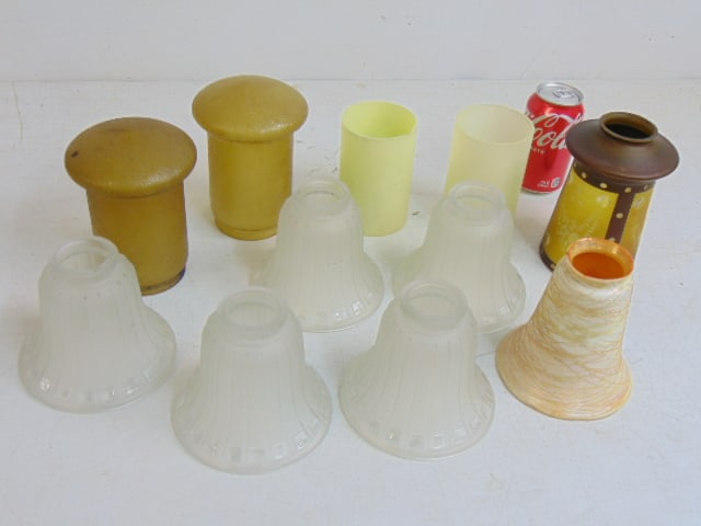Lot 10 misc. art glass shades, includes pair amber closed shades, 6.5", set of 5 frosted glass: Lot 10 misc. art glass shades, includes pair amber closed shades, 6.5", set of 5 frosted glass shades, pair yellow cylindrical shades (one chip on rim) 5" tall, 3.25" in diameter, arts & crafts style 