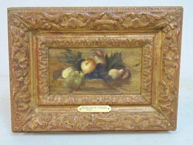 Small painting, Still life with fruit, Charles William Yeiser, oil on panel, 4" by 7.5", 9.5" by: Small painting, Still life with fruit, Charles William Yeiser, oil on panel, 4" by 7.5", 9.5" by 12.75" framed, various labels