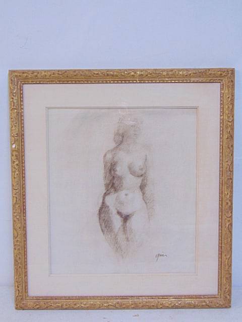 Drawing, nude study, signed Yeiser, in carved gilt frame, 20" by 17.75", framed size 28.75" by 26.5": Drawing, nude study, signed Yeiser, in carved gilt frame, 20" by 17.75", framed size 28.75" by 26.5"