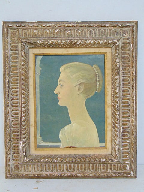 Painting, portrait of a lady, by C.W. Yeiser (unsigned), oil on Masonite in carved frame, painting: Painting, portrait of a lady, by C.W. Yeiser (unsigned), oil on Masonite in carved frame, painting is 14" by 10.5", framed 22.75" by 19.25", frame marked "B. Minel, N.Y. France"