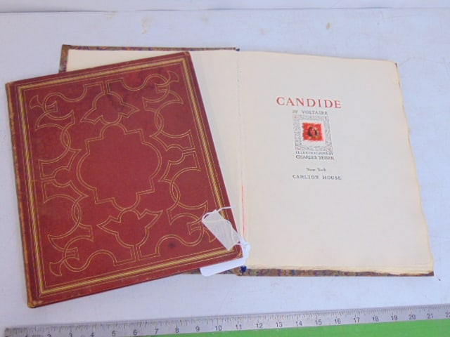 Book & sketchbook, Charles W. Yeiser, "Candide, by Voltaire, illustrated by Charles Yeiser &: Book & sketchbook, Charles W. Yeiser, "Candide, by Voltaire, illustrated by Charles Yeiser & sketchbook with various drawings including the original sketch of girl with swan, also included paperwork p