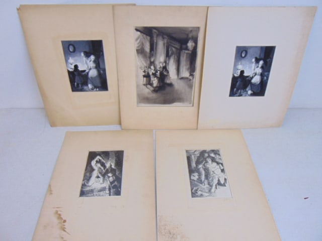 5 drawings & engravings by Charles Yeiser, 2 engravings, 3 paintings, studies, mattings are 20" by: 5 drawings & engravings by Charles Yeiser, 2 engravings, 3 paintings, studies, mattings are 20" by 16", scenes vary, mattings stained