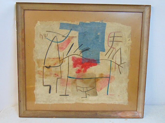 Collage, HSIA Chinese Characters for Horse, by Hunard Wiorzud (??), Far Gallery Label, on linen, 19": Collage, HSIA Chinese Characters for Horse, by Hunard Wiorzud (??), Far Gallery Label, on linen, 19" by 21.5" (25.75" by 28.75"