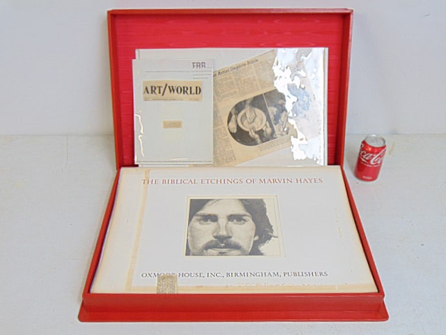 Large boxed portfolio, "The Biblical Etchings of Marvin Hayes", edition 6/100, set has etchings in: Large boxed portfolio, "The Biblical Etchings of Marvin Hayes", edition 6/100, set has etchings in plastic sleeves, all signed, box in excellent condition, complete, contains all 53 etchings, each etc