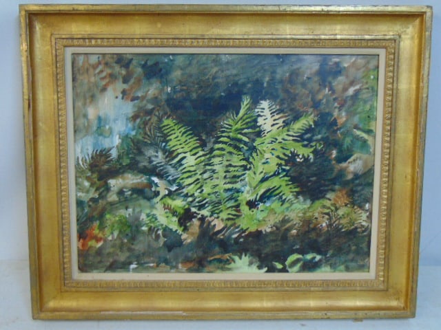 Painting, Ferns", signed Julio Larraz, watercolor, gilt framed, 14.5" by 19.5", 20" by 25 1/8": Painting, Ferns", signed Julio Larraz, watercolor, gilt framed, 14.5" by 19.5", 20" by 25 1/8" frames