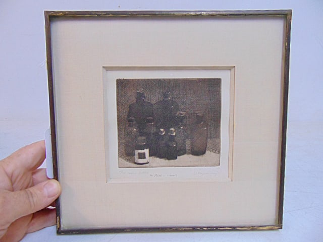 Etching, "Nine Bottles", signed Hank Virgona, 9 3/8" by 9 7/8": Etching, "Nine Bottles", signed Hank Virgona, 9 3/8" by 9 7/8"