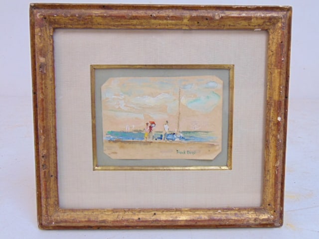 Painting, figures by water, signed Frank Boyd, watercolor, 3" by 4.25" (corners cut), framed size is: Painting, figures by water, signed Frank Boyd, watercolor, 3" by 4.25" (corners cut), framed size is 8" by 9"
