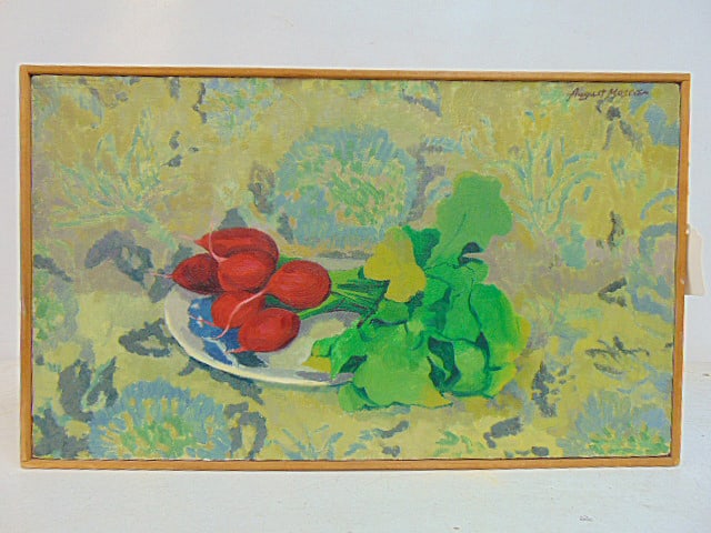 Painting, still life with radishes, signed August Mosca, oil on canvas, 14" by 24": Painting, still life with radishes, signed August Mosca, oil on canvas, 14" by 24"