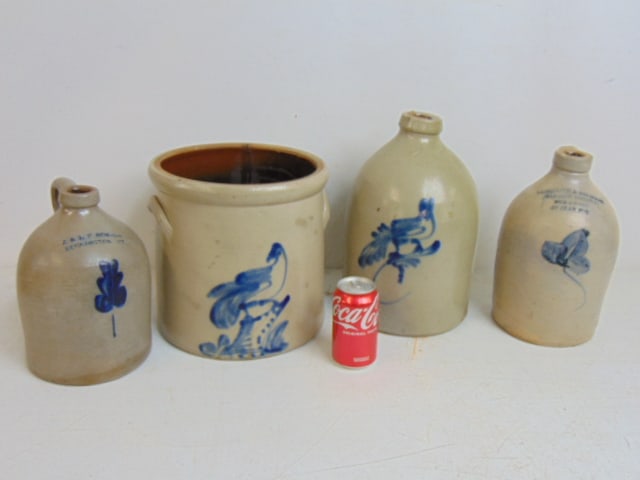 4 stoneware crocks, jugs, large crock with bird decoration, cracked, height is 10.5"; large jug with: 4 stoneware crocks, jugs, large crock with bird decoration, cracked, height is 10.5"; large jug with bird decoration, missing handle, 13.5"; jug, "Langelier & Decelles, Magasin General, Rue Front, St