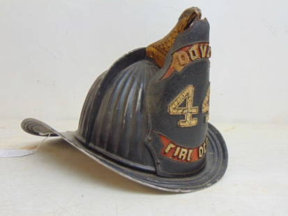 Fireman's helmet, Dover 44 Fire Department, with eagle decoration Cairns & Bro Makers, New York.,: Fireman's helmet, Dover 44 Fire Department, with eagle decoration Cairns & Bro Makers, New York., 14" long, 10.5"
