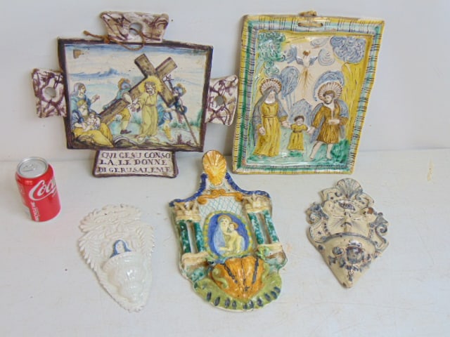 5 pieces of Faience Majolica, 3 holy water basins & two plaques with religious scenes, largest: 5 pieces of Faience Majolica, 3 holy water basins & two plaques with religious scenes, largest plaque is 13.25" by 15"