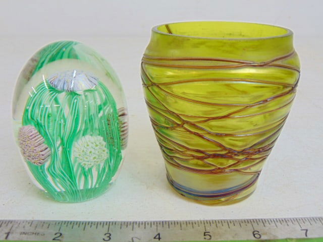 Loetz style vase & Murano art glass paperweight, vase is 4", good condition: Loetz style vase & Murano art glass paperweight, vase is 4", good condition