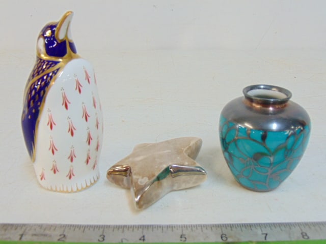 Christofle star shaped paperweight, silver overlay Hutschenreuther vase, Royal Crown Derby penguin,: Christofle star shaped paperweight, silver overlay Hutschenreuther vase, Royal Crown Derby penguin, penguin is 5 3/8" tall, in good condition.