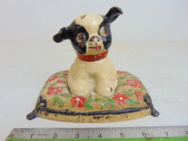 Iron bank, puppy on pillow, floral designs on pillow, 7.25" by 5.75", height is 5.5": Iron bank, puppy on pillow, floral designs on pillow, 7.25" by 5.75", height is 5.5"