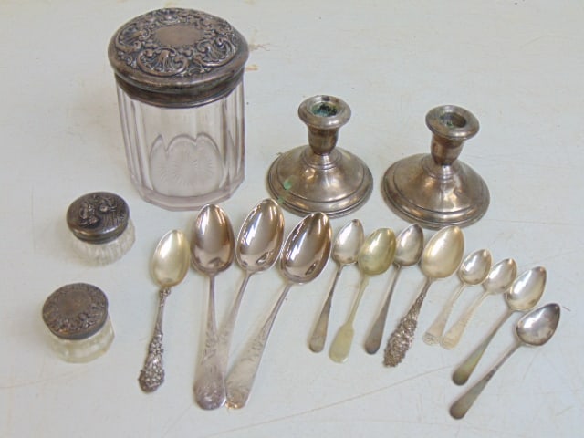 Sterling lot, crystal jar with sterling lid, spoons, weighted sticks, 9.5 t troy plus weighted: Sterling lot, crystal jar with sterling lid, spoons, weighted sticks, 9.5 troy plus weighted