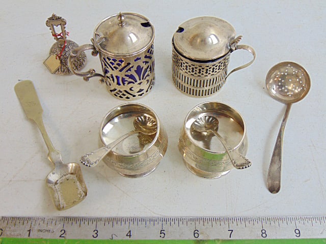Sterling silver lot, cobalt glass insert cups with hinged lids, 2 large salts, 2 spoons, small bell,: Sterling silver lot, cobalt glass insert cups with hinged lids, 2 large salts, 2 spoons, small bell,