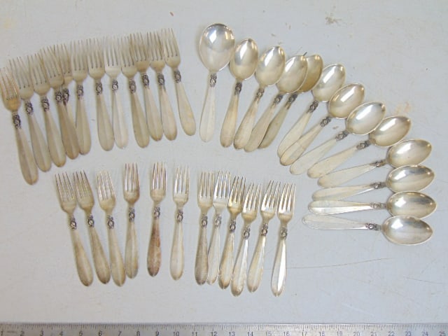 Lot of '835 silver flatware, 12 large forks, 12 small forks, 12 large spoons & one serving spoon,: Lot of '835 silver flatware, 12 large forks, 12 small forks, 12 large spoons & one serving spoon, 55.5 troy