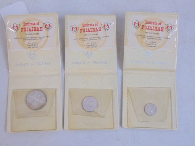 3 silver 1000/1000 coins, Munchen 1972 Olympic Games, and two "State of Fujairah" piece of Riyals: 3 silver 1000/1000 coins, Munchen 1972 Olympic Games, and two "State of Fujairah" piece of Riyals coin, "Emirate of Fujairah