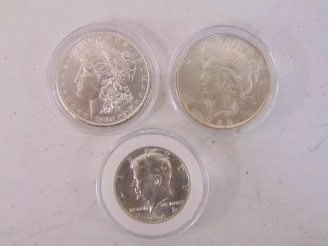 2 silver dollars & one half dollar, 1880, 1922 & 1964, proof: 2 silver dollars & one half dollar, 1880, 1922 & 1964, proof