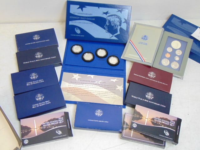 Lot silver proof sets, includes 50th Anniversary Kennedy half dollars, 2018, 2019 & 2020 US Mint: Lot silver proof sets, includes 50th Anniversary Kennedy half dollars, 2018, 2019 & 2020 US Mint silver proof sets, WWII 50th Anniversary coins, Bill of Rights Coins, 1986 Prestige Set, US Constitutio