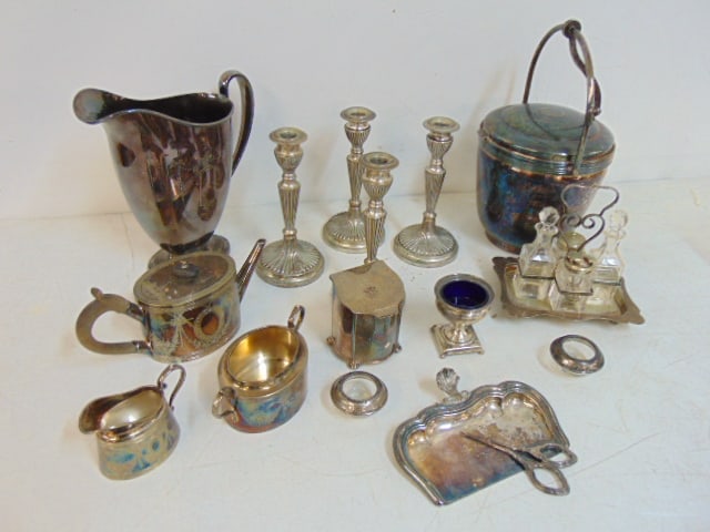 Lot silver plate, 4 matching candlesticks, ice bucket, pitcher, condiment set, more: Lot silver plate, 4 matching candlesticks, ice bucket, pitcher, condiment set, more