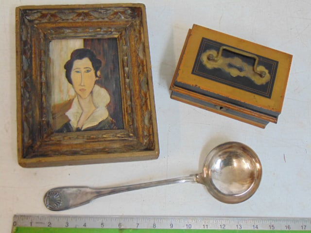 Lot, small tin box, Christofle silver plated ladle & small painting after Amedeo Modigliani: Lot, small tin box, Christofle silver plated ladle & small painting after Amedeo Modigliani (Portrait of Hanka Zborowska), 10 1/8" by 8.25" framed, ladle is n12.75"