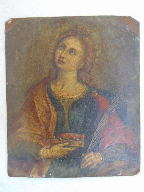 Early painting on copper, lady holding box & feather, unsigned, 6 3/8" by 5 3/8", comes with oval: Early painting on copper, lady holding box & feather, unsigned, 6 3/8" by 5 3/8", comes with oval frame