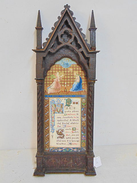 Gothic framed religious scene with text, V. Minardi, Firenze '94, 28" tall, 10.75" wide: Gothic framed religious scene with text, V. Minardi, Firenze '94, 28" tall, 10.75" wide