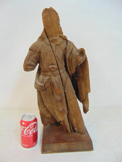 Early carved Santos figure, loss to face, hands missing, height is 20": Early carved Santos figure, loss to face, hands missing, height is 20"