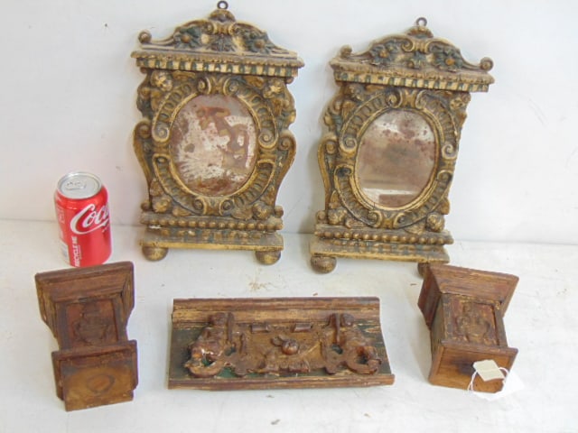Early carved wood lot, pair mirrors with carved frames plus three carved pieces, mirrors are 13.25": Early carved wood lot, pair mirrors with carved frames plus three carved pieces, mirrors are 13.25" tall, 8" wide, one mirror is missing part of side
