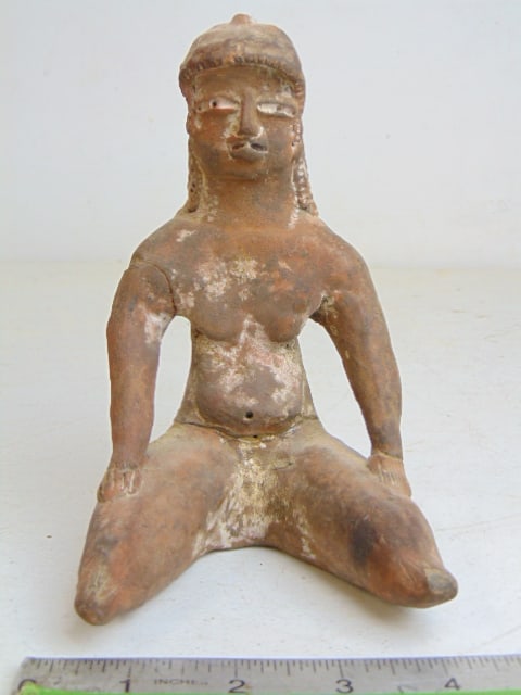 Greek antiquity figure, 6.25" tall, seated figure with hands resting on legs: Greek antiquity figure, 6.25" tall, seated figure with hands resting on legs