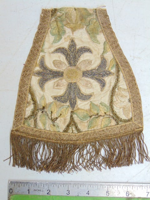 Small early embroidered fragment, 7" by 7" approx. floral decorated.: Small early embroidered fragment, 7" by 7" approx. floral decorated.