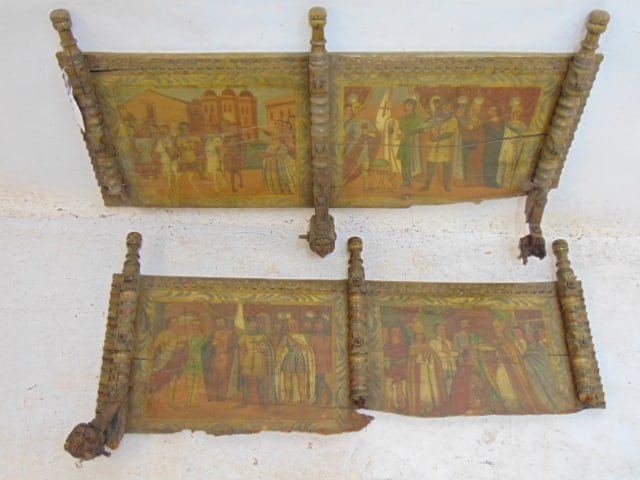 Sicilian donkey cart side panels, paint decorated, 36" by 19.5"some loss at bottom panels: Sicilian donkey cart side panels, paint decorated, 36" by 19.5"some loss at bottom panels