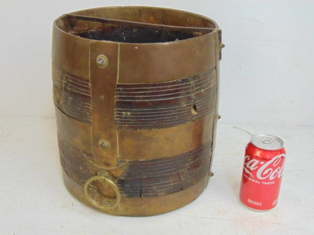 Early brass & wood bucket in barrel form, 11" in diameter, height is 11.75": Early brass & wood bucket in barrel form, 11" in diameter, height is 11.75"