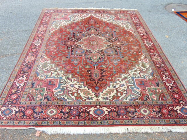 Room Size Persian carpet, in red, rug is 8'1" by 10'3", shows wear: Room Size Persian carpet, in red, rug is 8'1" by 10'3", shows wear