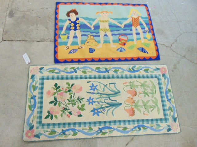 2 hooked rugs, floral rug & girls on a beach, floral is 59" by 29", beach rug is 32.5" by 47" (Susan: 2 hooked rugs, floral rug & girls on a beach, floral is 59" by 29", beach rug is 32.5" by 47" (Susan Sargent Designs Inc.)