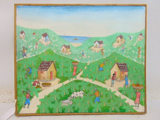 Haitian painting, "The Long and Winding Road", L.Sanon (label on back states "Roosevelt Sanon"), oil: Haitian painting, "The Long and Winding Road", L.Sanon (label on back states "Roosevelt Sanon"), oil on canvas, 12" by 16"