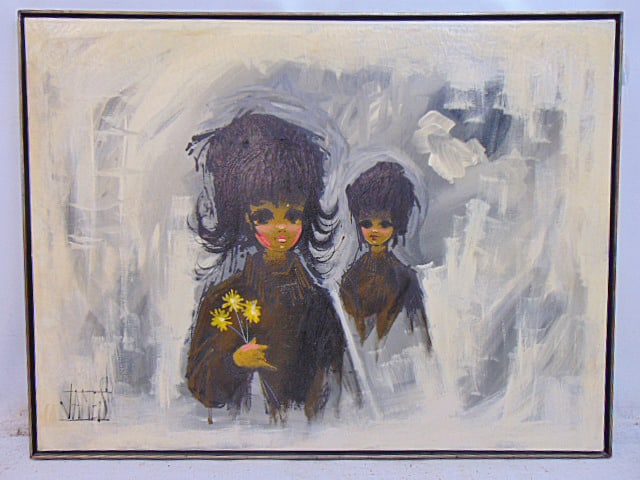 Painting, 2 girls, one with flowers, signed James, oil on canvas, 36" by 48": Painting, 2 girls, one with flowers, signed James, oil on canvas, 36" by 48"
