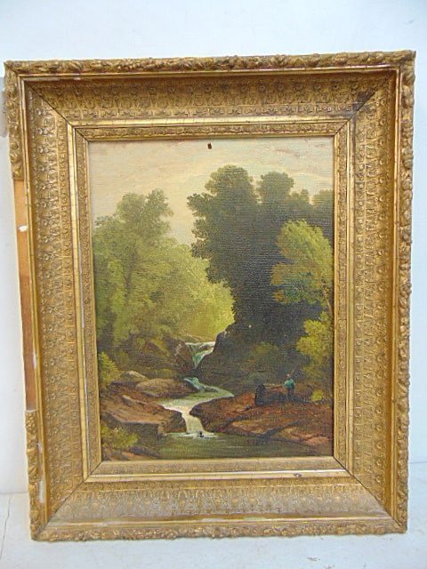 Painting, figure fishing by stream with waterfall, signed illegibly, has small hole, canvas is 16": Painting, figure fishing by stream with waterfall, signed illegibly, has small hole, canvas is 16" by 12.25", framed size is 21.25" by 17.25"