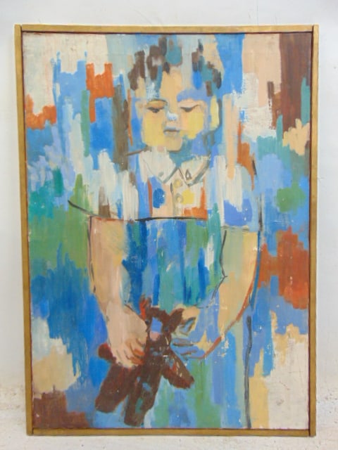 Painting, girl with teddy bear, unsigned " oil on canvas, bit loose on stretcher, "dented" 35" by: Painting, girl with teddy bear, unsigned " oil on canvas, bit loose on stretcher, "dented" 35" by 25.5"